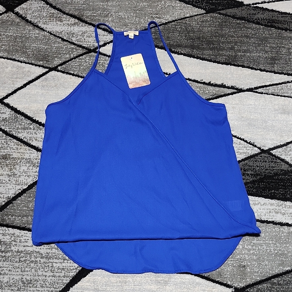 LILY WHITE PLUNGE V-NECK BLUE DRAPED RACEBACK SHARK TOOTH HEM TANK-TOP